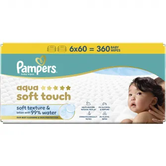 Servetele umede Pampers Aqua Soft Touch cu textura moale, lotiune usoara si 99% apa, 6 pachete x 60 servetele, 360 buc