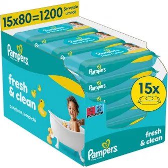 Servetele umede Pampers Fresh Clean, 15 pachete x 80 servetele, 1200 buc