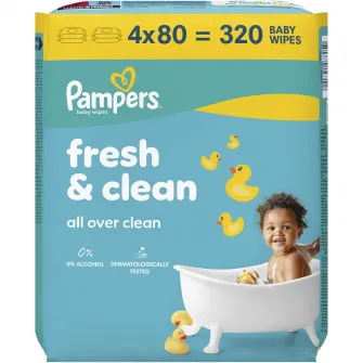 Servetele umede Pampers Fresh Clean, 4 pachete x 80 servetele, 320 buc