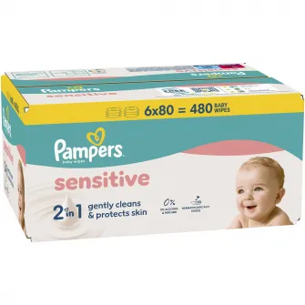 Servetele umede Pampers Sensitive, 6 pachete x 80 servetele, 480 buc