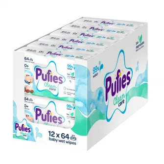 Servetele umede Pufies Clean Care, 99% Apa, 12x64 bucati