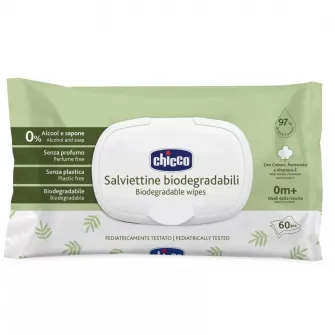 Servetele umede biodegradabile cu clapeta Chicco, fara alcool si sapun , 60 buc, 0 luni+