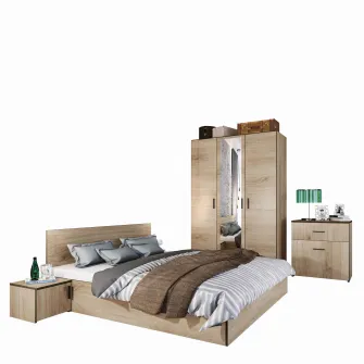 Set Mobila Dormitor Irim Treff , Pat 160x200 cm, Dulap, 2 Noptiere, Comoda, Culoare Castan