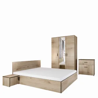 Set Mobila Dormitor Irim Treff , Pat 160x200 cm, Dulap, 2 Noptiere, Comoda, Culoare Castan