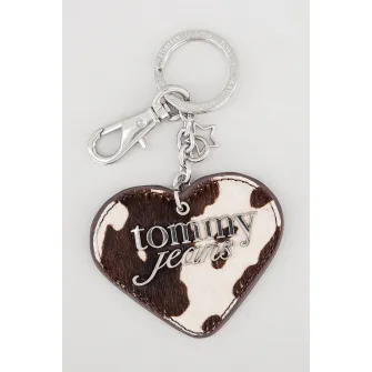 Tommy Jeans, Breloc de piele cu model inimi si logo metalic, Alb, Maro inchis