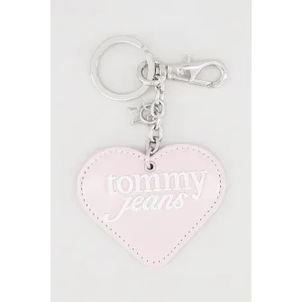 Tommy Jeans, Breloc de piele ecologica cu inimi si logo brodat, Alb, Roz pastel