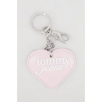 Tommy Jeans, Breloc de piele ecologica cu inimi si logo brodat, Alb, Roz pastel