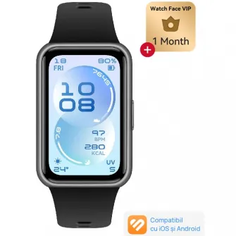 Bratara fitness HUAWEI Band 11, Android /iOS, Matte Black Durable Polymer Case with Black Fluoroelastomer Strap + 1 Month Watch Face VIP