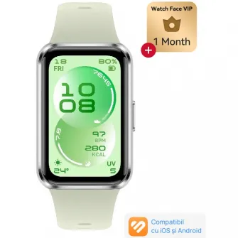 Bratara fitness HUAWEI Band 11, Android /iOS, Silver Aluminum Alloy Case with Green Fluoroelastomer Strap + 1 Month Watch Face VIP