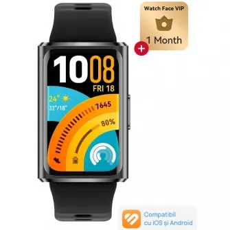 Bratara fitness HUAWEI Band 11 Pro, Android /iOS, Matte Black Aluminum Alloy Case with Black Fluoroelastomer Strap + 1 Month Watch Face VIP
