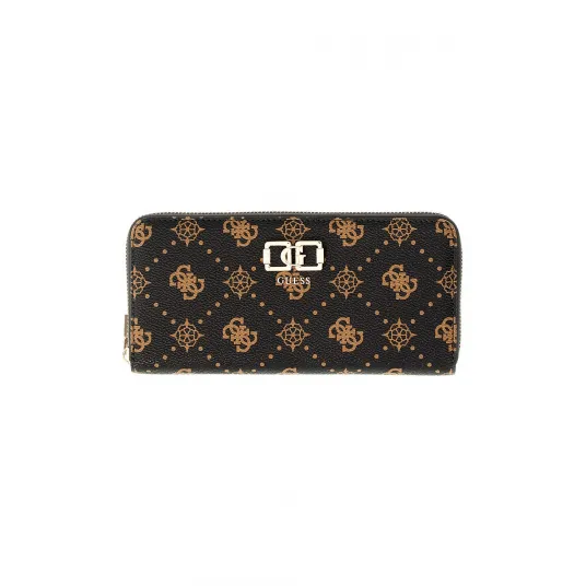 GUESS, Portofel cu monograma si fermoar Emelie, Maro, Negru