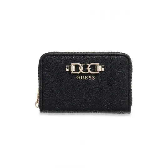 GUESS, Portofel de piele ecologica cu logo si fermoar Anise, Negru