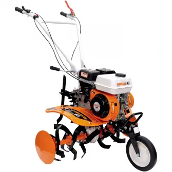 Motosapa pe benzina Ruris Bravo 10, putere 7 CP, 208 CC, 4 timpi, 2 + 1 viteze, latime lucru 560 - 830 mm, adancime lucru 150 - 290 mm, contine: freze + roata transport fata + roti cauciuc 4.00-8