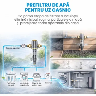 Prefiltru de apa de uz casnic Midea, debit: (3T/H), sita filtrare de 40 microni din otel inoxidabil 316, adaptor din cupru fara plumb
