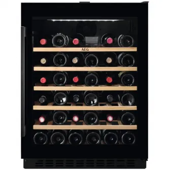 Racitor de vinuri incorporabil AEG AWS4020B5B, capacitate 20 sticle, raft lemn, control electronic, usa reversibila, clasa energetica G, Inaltime 82 cm, Sticla neagra