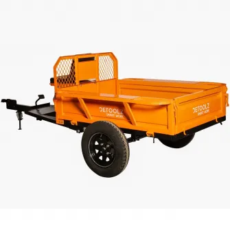 Remorca pentru motocultor Detoolz DZ-M148, capacitate incarcare 600 kg,extensie laterala 180 mm, frana mecanica cu pedala, frana de mana, basculare manuala, obloane rabatabile, suspensie cu arc, roti 4.50-12