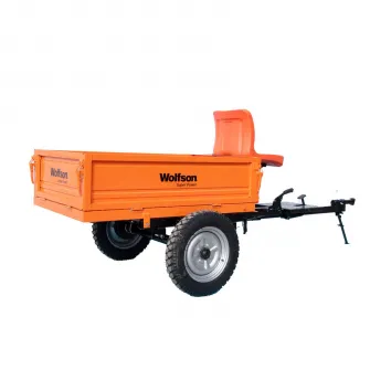 Remorca pentru motocultor Wolfson, capacitate 500 Kg, cuva basculabila, dimensiune cuva125 x 80 x 30 cm, frana pe tambur, suspensie pe foaie de arc