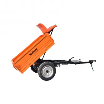 Remorca pentru motocultor Wolfson, capacitate 500 Kg, cuva basculabila, dimensiune cuva125 x 80 x 30 cm, frana pe tambur, suspensie pe foaie de arc