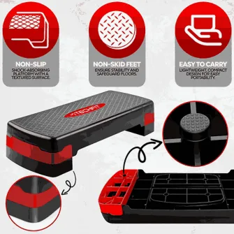 Stepper aerobic Techfit cu 2 trepte, util pentru antrenament fitness, reglabil pe inaltime, negru/rosu