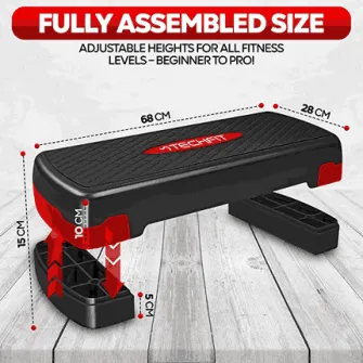 Stepper aerobic Techfit cu 2 trepte, util pentru antrenament fitness, reglabil pe inaltime, negru/rosu