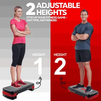 Stepper aerobic Techfit cu 2 trepte, util pentru antrenament fitness, reglabil pe inaltime, negru/rosu