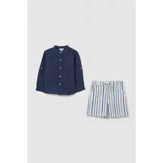 OVS, Set de pantaloni scurti si camasa din bumbac si in, Alb, Bleumarin, 80 CM