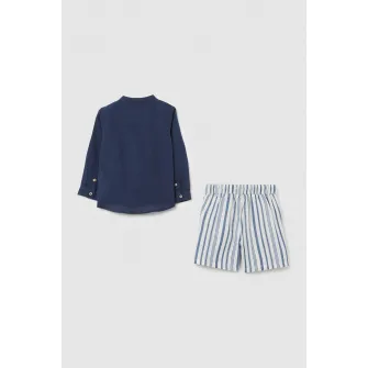 OVS, Set de pantaloni scurti si camasa din bumbac si in, Alb, Bleumarin, 80 CM