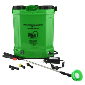 Pompa de stropit cu presiune pe acumulator MF Pandora MF-PA1007-S001-G01 , 12 V 8.0 Ah, rezervor tip rucsac 16 L, debit 2.6 l/min, presiune maxim 5.5 bar, lance telescopica otel 48 - 80 cm, include: incarcator + acumulator 12 V 8.0 Ah