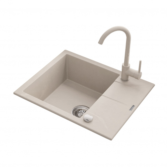 Pachet chiuveta granit cu semiscurgator si baterie Kring, compozit granit, 590x490mm, adancime 180mm, reversibila, montare pe blat, crem