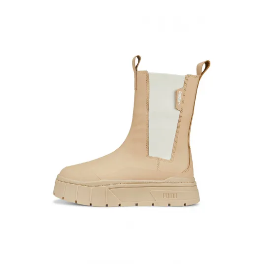 Puma, Ghete Chelsea de piele cu segmente din material textil Mayze Stack, Maro nisip, 7.5