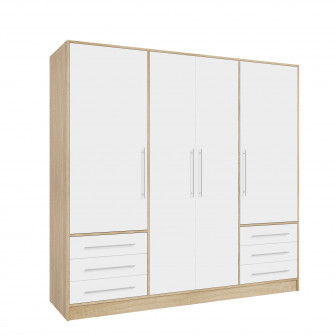 Распашной Шкаф Kring Salo, dimensiuni 206,5x200x60 cm, culoare alb/sonoma, 4 usi, 6 sertare, bara de umerase