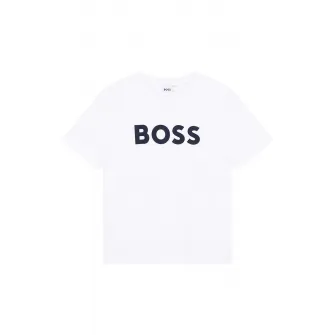 BOSS Kidswear, Tricou din bumbac cu imprimeu logo contrastant, Alb, 114 CM