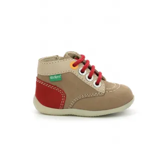 Kickers kids, Ghete din piele si piele intoarsa, Kaki, Rosu inchis, 18 EU