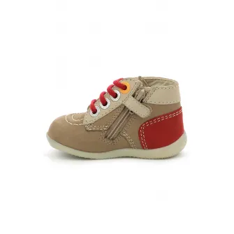 Kickers kids, Ghete din piele si piele intoarsa, Kaki, Rosu inchis, 18 EU