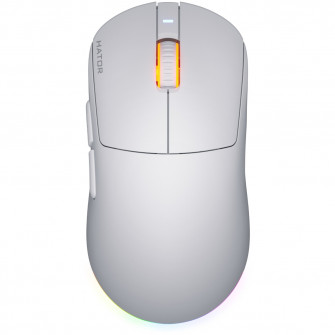 Mouse wireless Hator Quasar 3, 12K DPI, conectivitate 2.4GHz, bluetooth si USB, switch HATOR Optical 100M, side switch Huano 3M, iluminare RGB 16.8M, alb