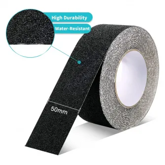 Set 2 banda antiderapanta cu autoadeziv, SINBINTA, Design anti-alunecare, Rezistenta la apa, Durabila, Usor de utilizat si de transportat, Pentru scari, skateboard-uri, curti, terase, interior si exterior, PVC, 10m, Negru