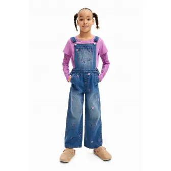 DESIGUAL, Salopeta de denim cu detalii floare, Albastru inchis, 152 CM