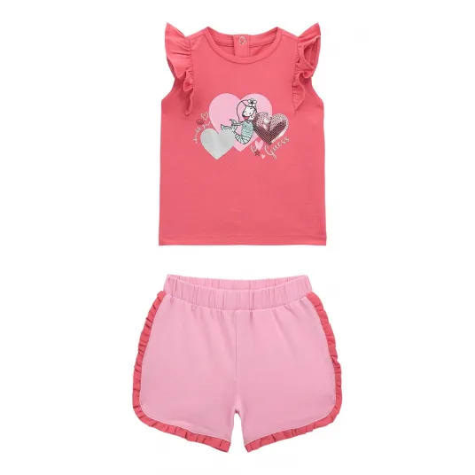 GUESS KIDS, Set de tricou cu imprimeu si pantaloni scurti cu detalii cu volane - 2 Piese, Roz deschis, Roz, 55-62 CM