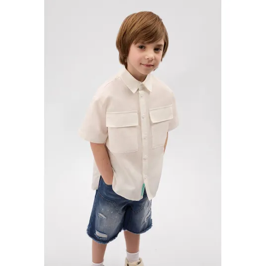 GULLIVER, Camasa din amestec de in cu maneci scurte, Alb fildes, 116 CM