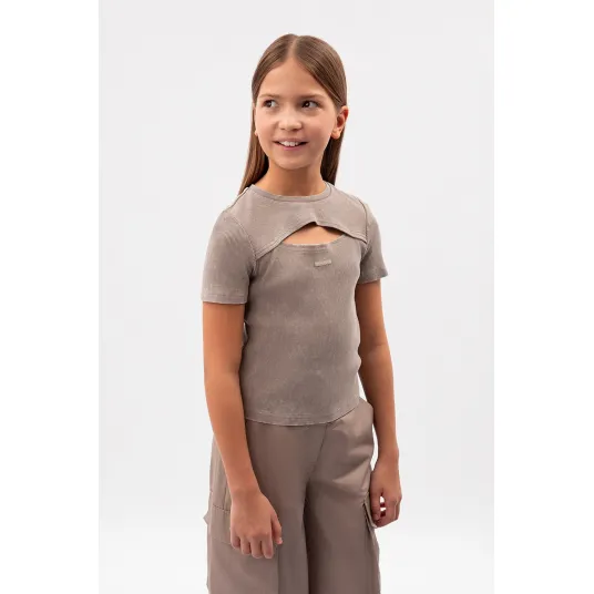 GULLIVER, Tricou cu striatii si decupaj frontal, Maro taupe, 146 CM