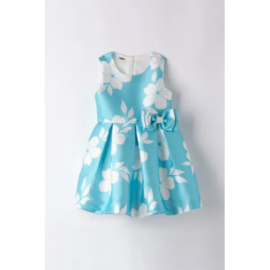IDO, Rochie evazata cu model floral si funda, Turcoaz, Alb optic, 92 CM