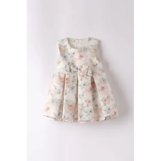 IDO, Rochie fara maneci cu model floral, Roz pastel, Verde pal, Alb murdar, 86 CM