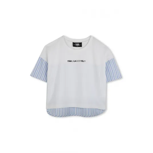 KARL LAGERFELD KIDS, Tricou cu model in dungi si segmente, Albastru pastel, Alb murdar, 114 CM