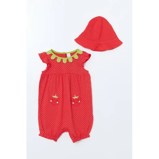 LC WAIKIKI, Set de salopeta scurta si caciula - 2 piese, Rosu capsuna, 56-62 CM