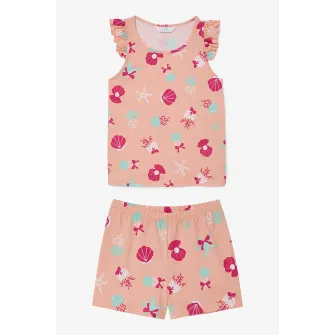 PENTI, Pijama din bumbac cu imprimeu, Fucsia, Roz somon, Verde menta, 110 CM
