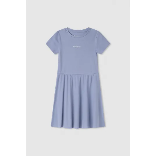 Pepe Jeans London, Rochie evazata cu logo discret, Albastru lavanda, Alb murdar, 176 CM