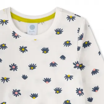 Sanetta, Pijama lunga de bumbac organic, Alb, Roz somon, 128 CM