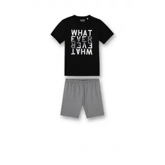 Sanetta, Pijama scurta cu imprimeu text, Negru, Gri, 128 CM