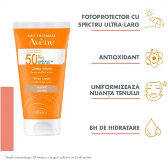Crema de fata nuantatoare cu protectie solara Avene SPF 50+ TRIASORB, pentru ten uscat si sensibil, 50 ml