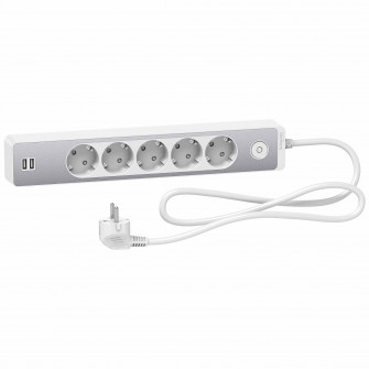Prelungitor Schneider Unica SCH-ST945U1WA, cu intrerupator, 2xUSB 5V 2.4A, 5 prize, protectie copii, Alb/Aluminiu